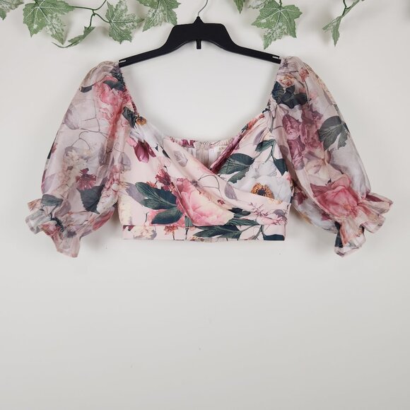 a peach Size S Floral Boho Pink Multi Short Puff Sleeves Crop Top - Picture 1 of 8